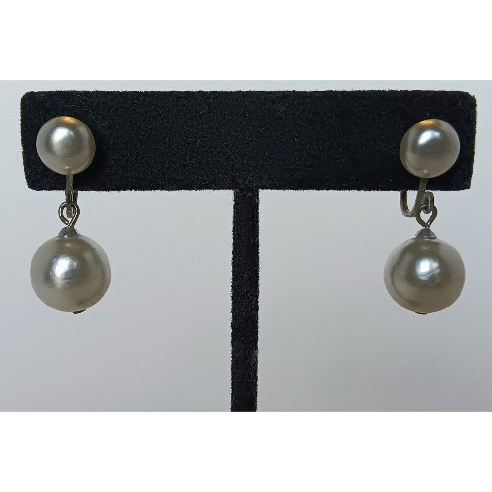 Vintage Faux Pearl Silver Tone Dangle Screwback Earrings Japan